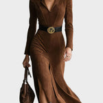 Fenella Western-Style Faux Suede Midi Dress with Collar and Split