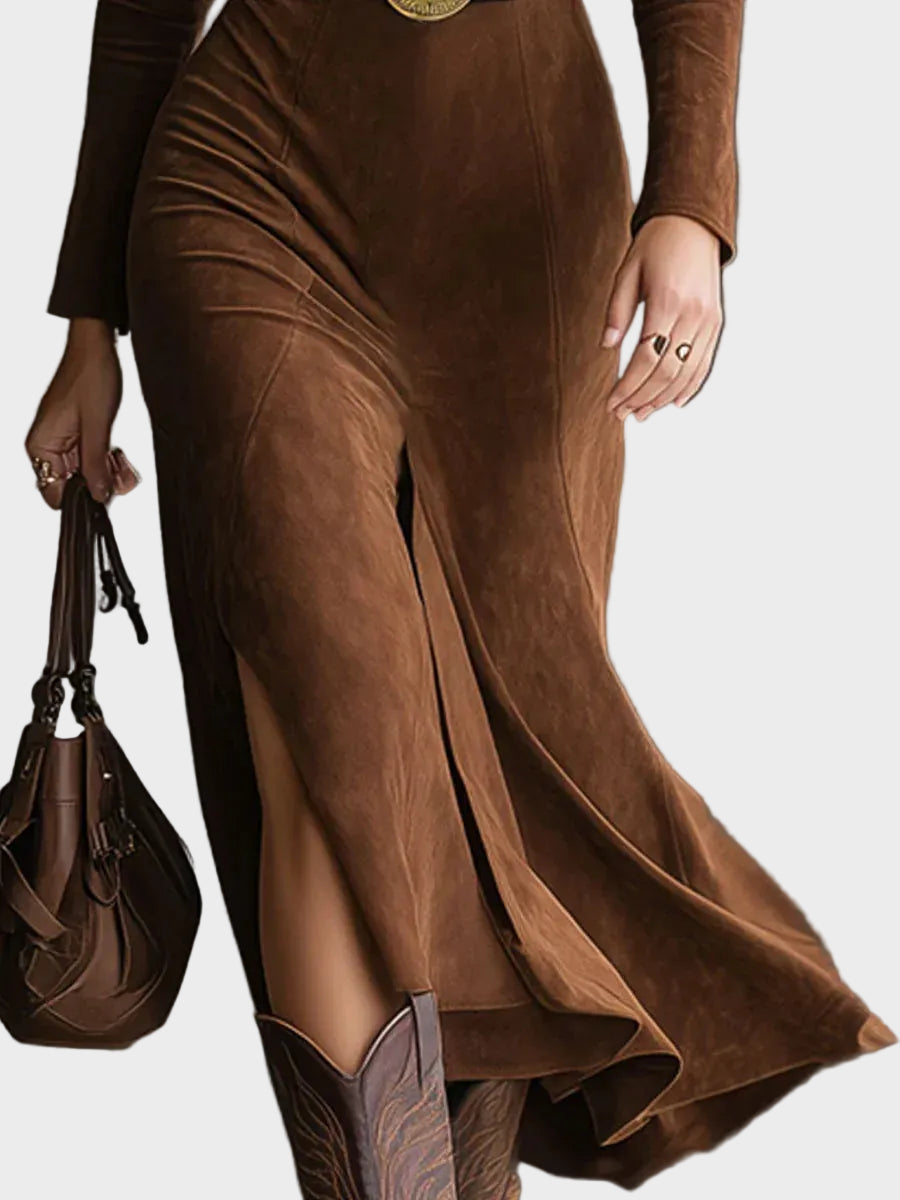 Fenella Western-Style Faux Suede Midi Dress with Collar and Split - view 3
