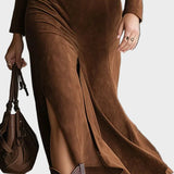 Fenella Western-Style Faux Suede Midi Dress with Collar and Split - view 3