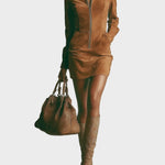 Gladys Brown Faux Suede Mini Dress with High Neck and Zip