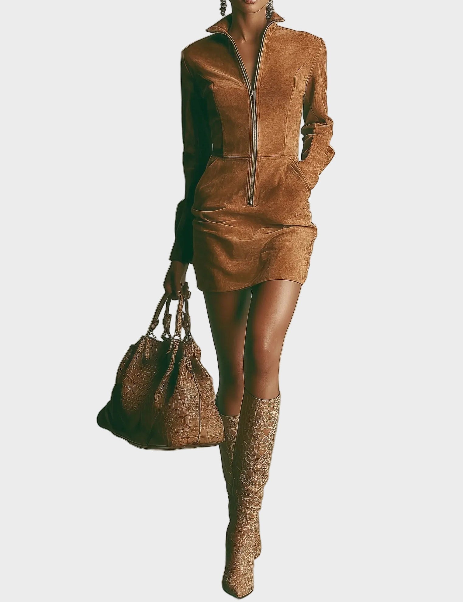 Gladys Brown Faux Suede Mini Dress with High Neck and Zip