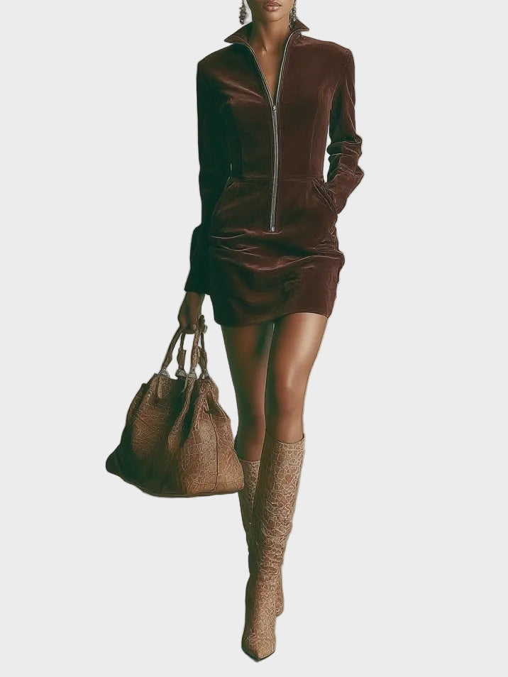 Gladys Brown Faux Suede Mini Dress with High Neck and Zip - view 2