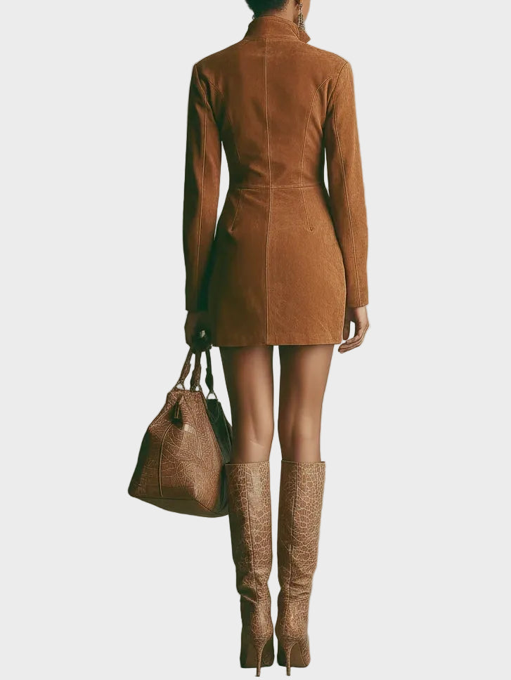 Gladys Brown Faux Suede Mini Dress with High Neck and Zip - view 6