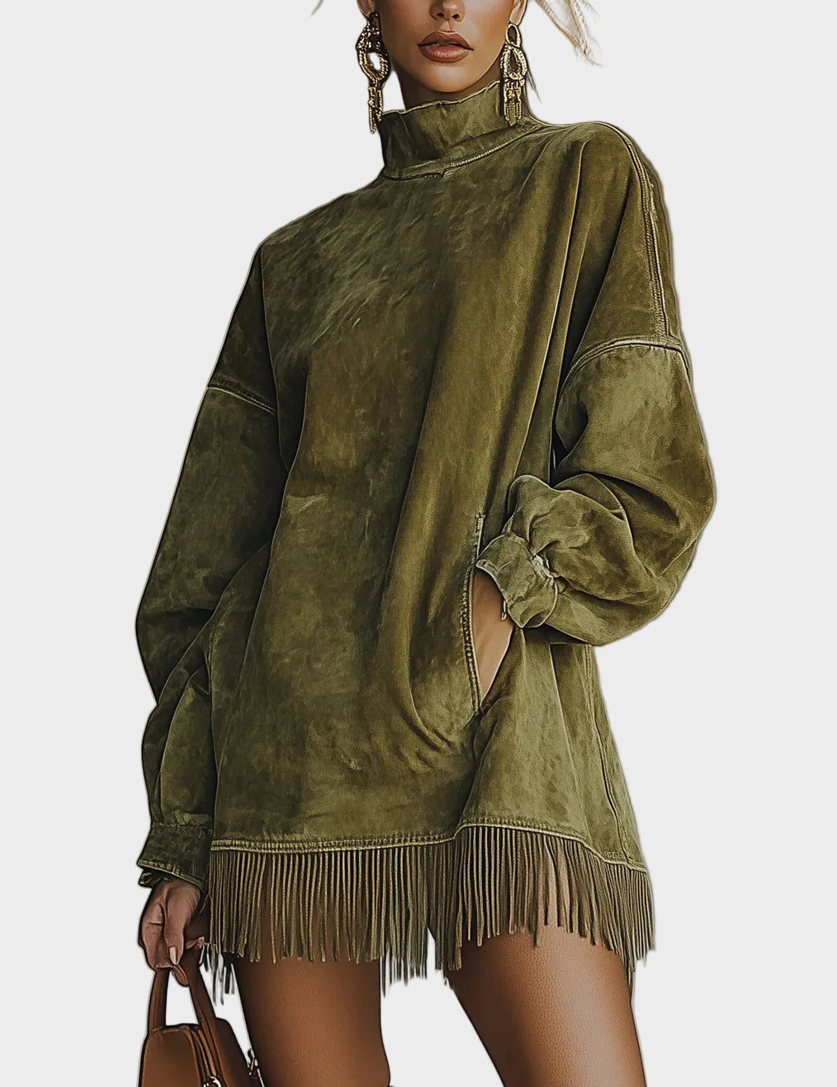 Hattie Faux Suede Roll Neck Dress with Fringing