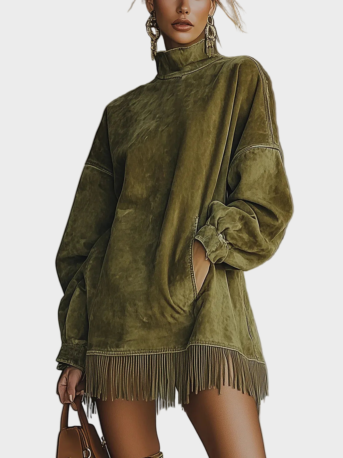 Hattie Faux Suede Roll Neck Dress with Fringing
