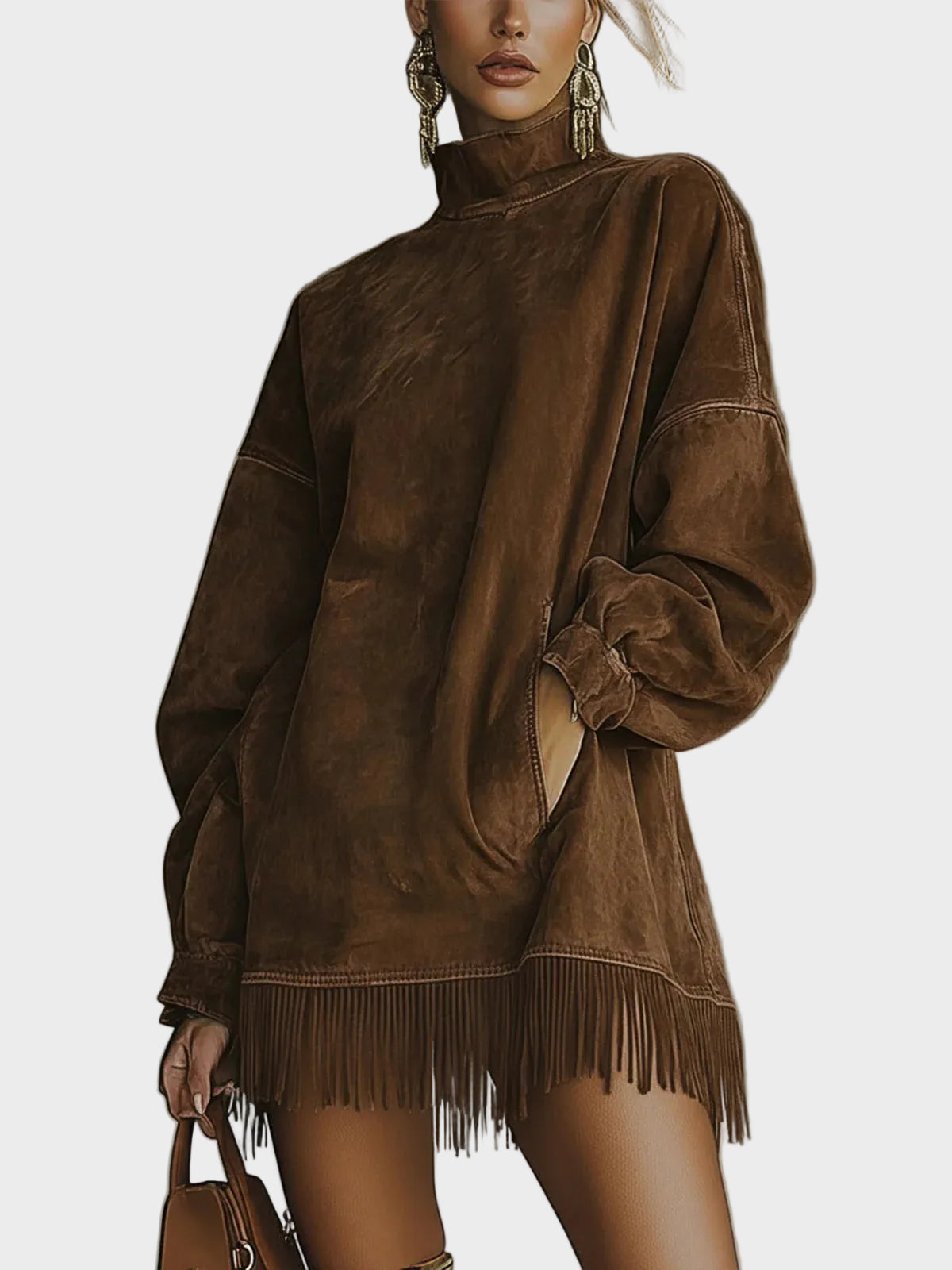 Hattie Faux Suede Roll Neck Dress with Fringing - view 2