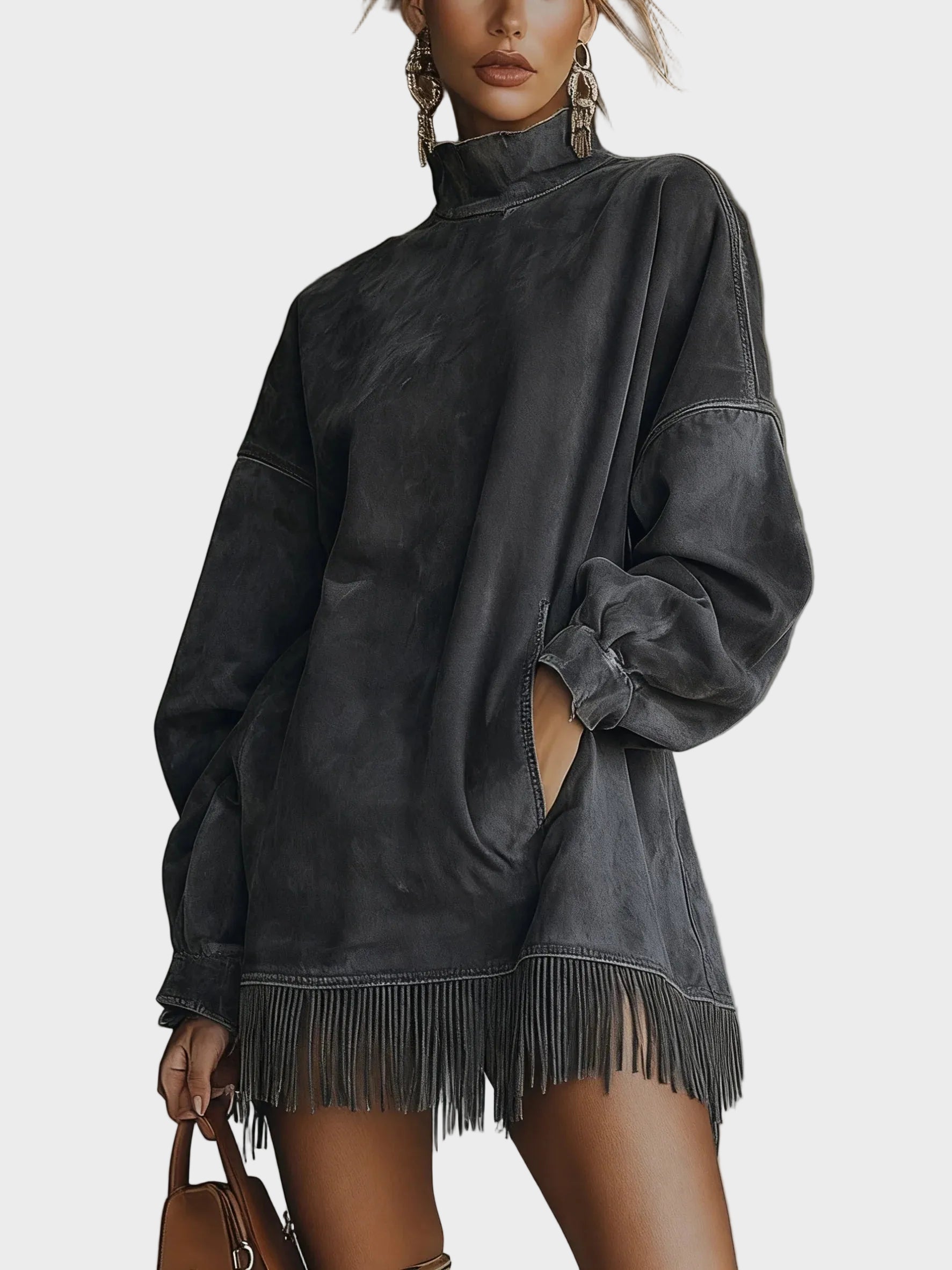 Hattie Faux Suede Roll Neck Dress with Fringing - view 3