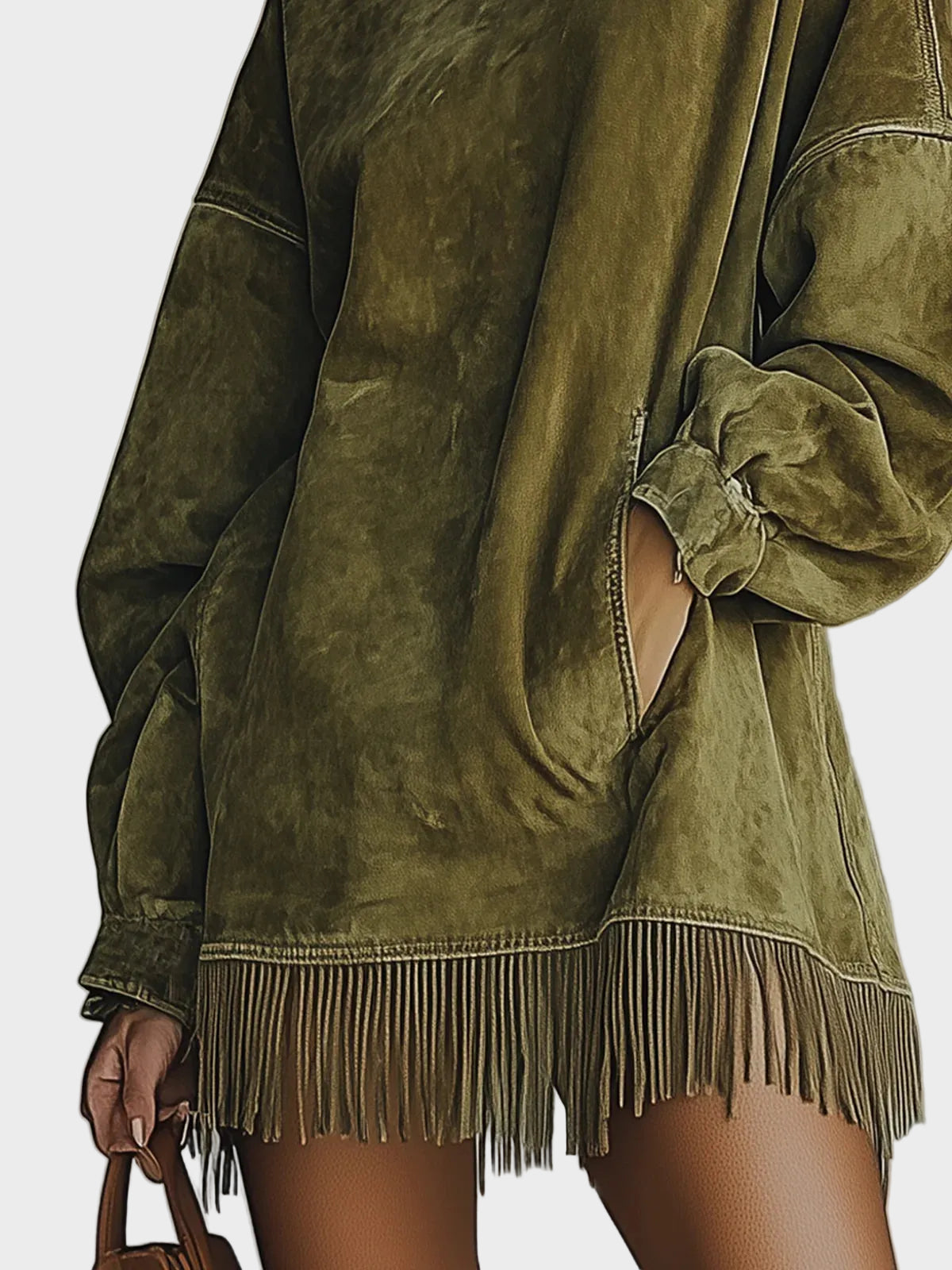 Hattie Faux Suede Roll Neck Dress with Fringing - view 5