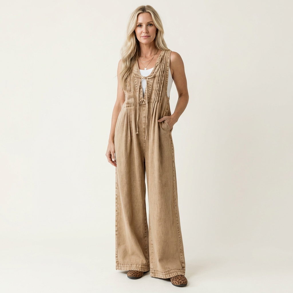 Gwyneth Pleated Wide-Leg Denim Jumpsuit - view 7
