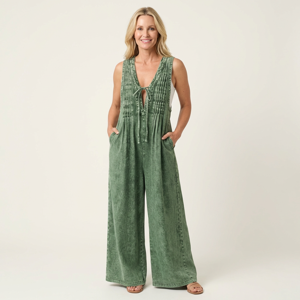 Gwyneth Pleated Wide-Leg Denim Jumpsuit - view 5