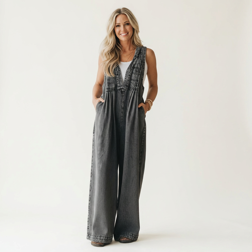 Gwyneth Pleated Wide-Leg Denim Jumpsuit