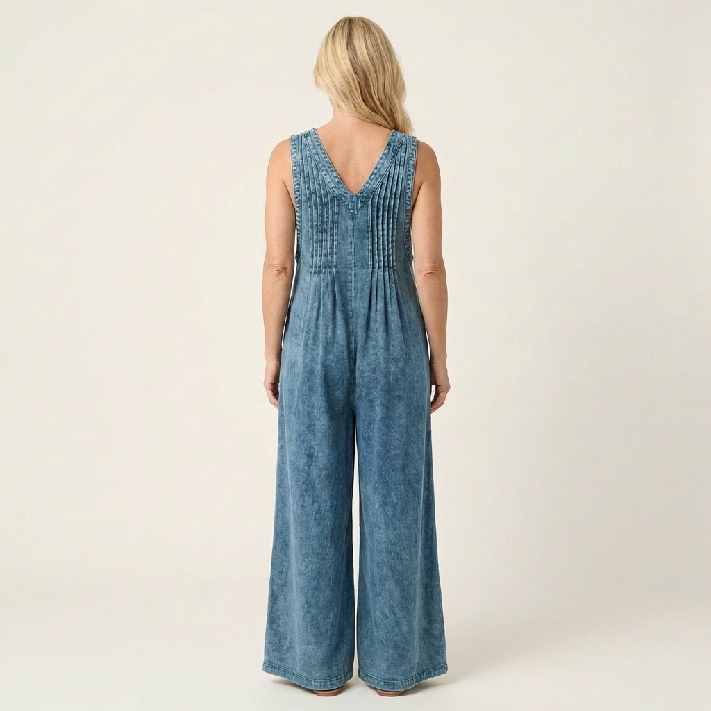 Gwyneth Pleated Wide-Leg Denim Jumpsuit - view 4