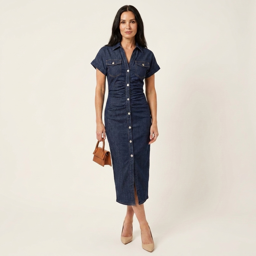 Maya Button-Front Bodycon Denim Midi Dress