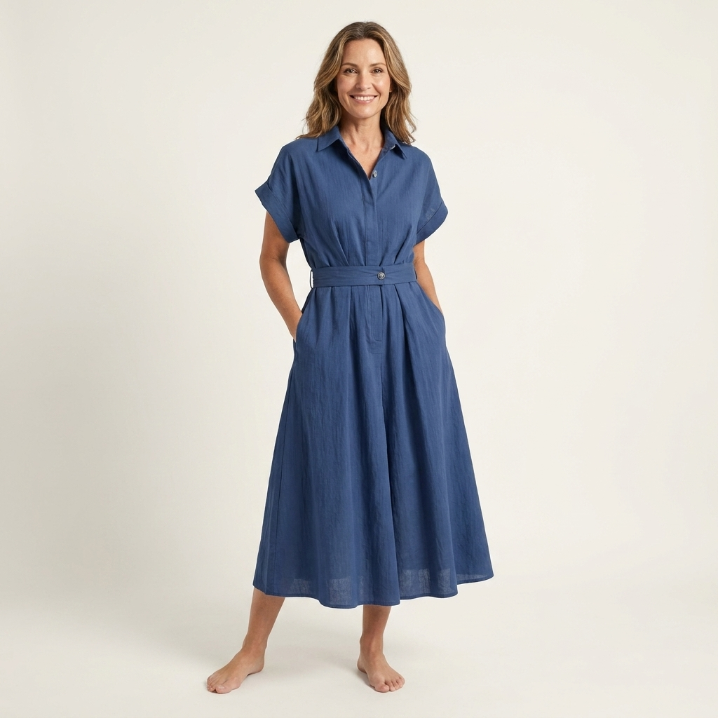 Melody Button-Front Denim Midi Dress with Belt - view 3