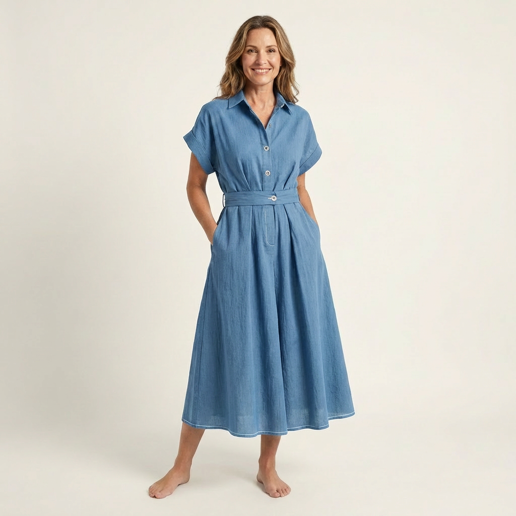 Melody Button-Front Denim Midi Dress with Belt