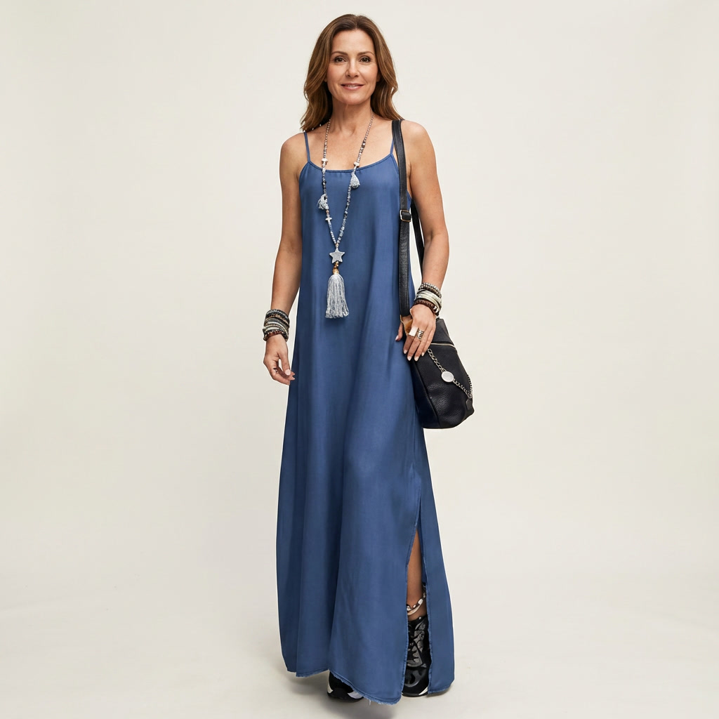 Aurelia Denim Maxi Dress with Side Split
