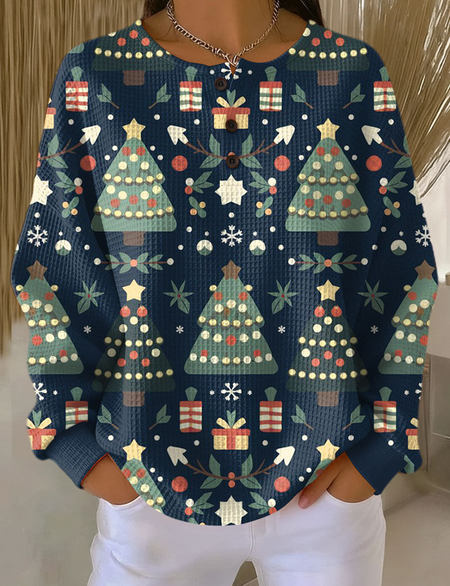 Ida Christmas Jumper in Dark Blue with Fir Trees