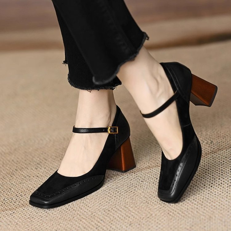 Maureen Block-Heel Shoes with Metal Toe Cap