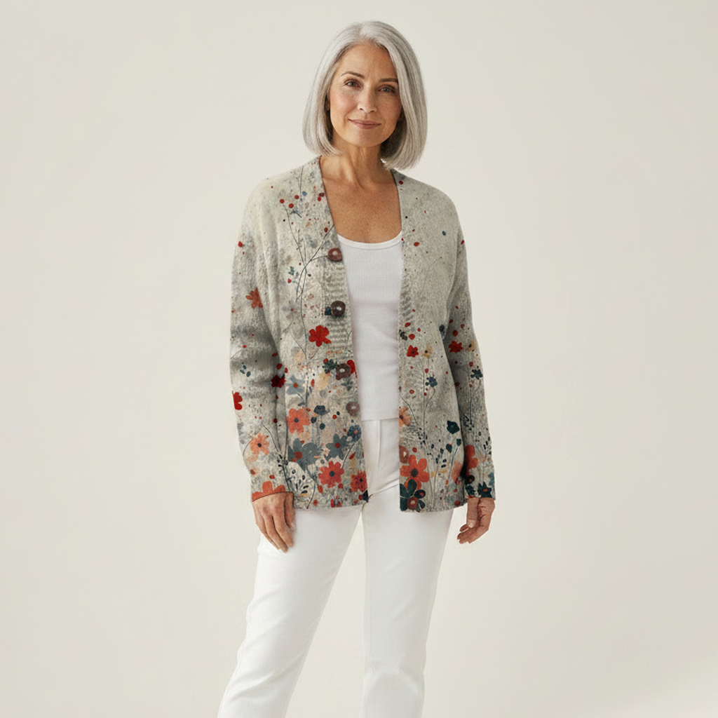 Iona Vintage Flower Art Print Buttoned Cardigan
