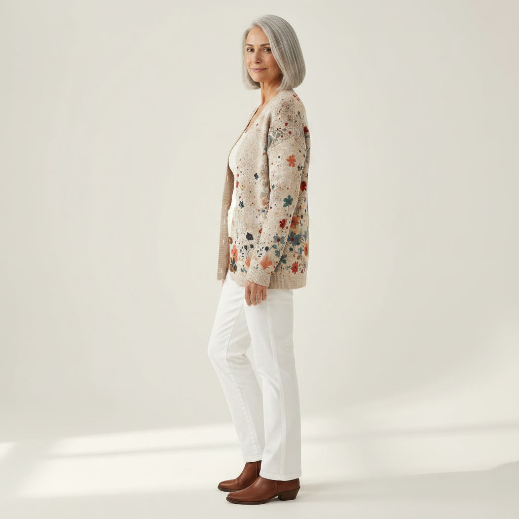 Iona Vintage Flower Art Print Buttoned Cardigan - view 2