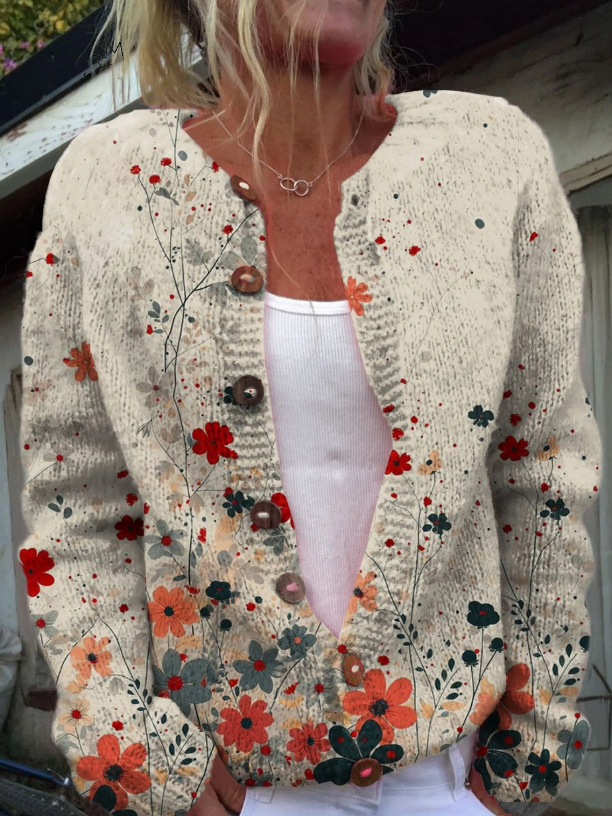 Iona Vintage Flower Art Print Buttoned Cardigan - view 5