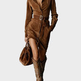 Cecilia | Long-Sleeve Faux Suede Midi Dress with Tie Collar