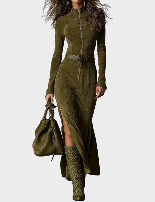 Lilian | Brown Faux Suede Maxi Dress with Belt and Zip