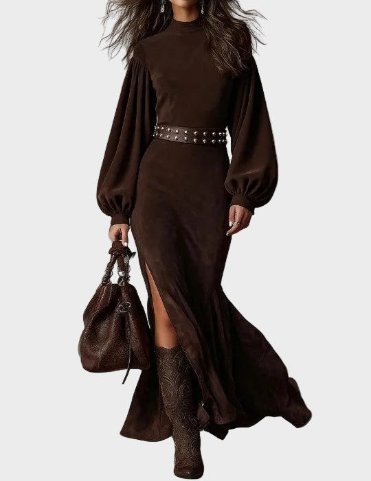 Millicent | Retro Long-Sleeve Maxi Dress with Stand Collar