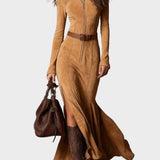 Lilian | Brown Faux Suede Maxi Dress with Belt and Zip