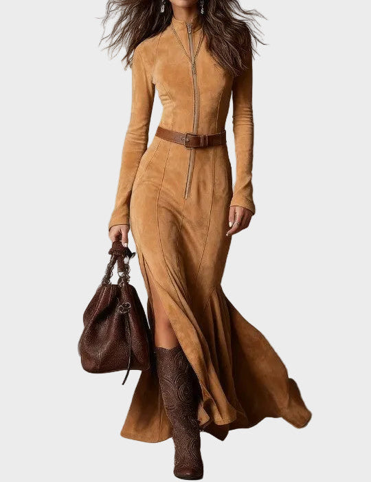 Lilian | Brown Faux Suede Maxi Dress with Belt and Zip