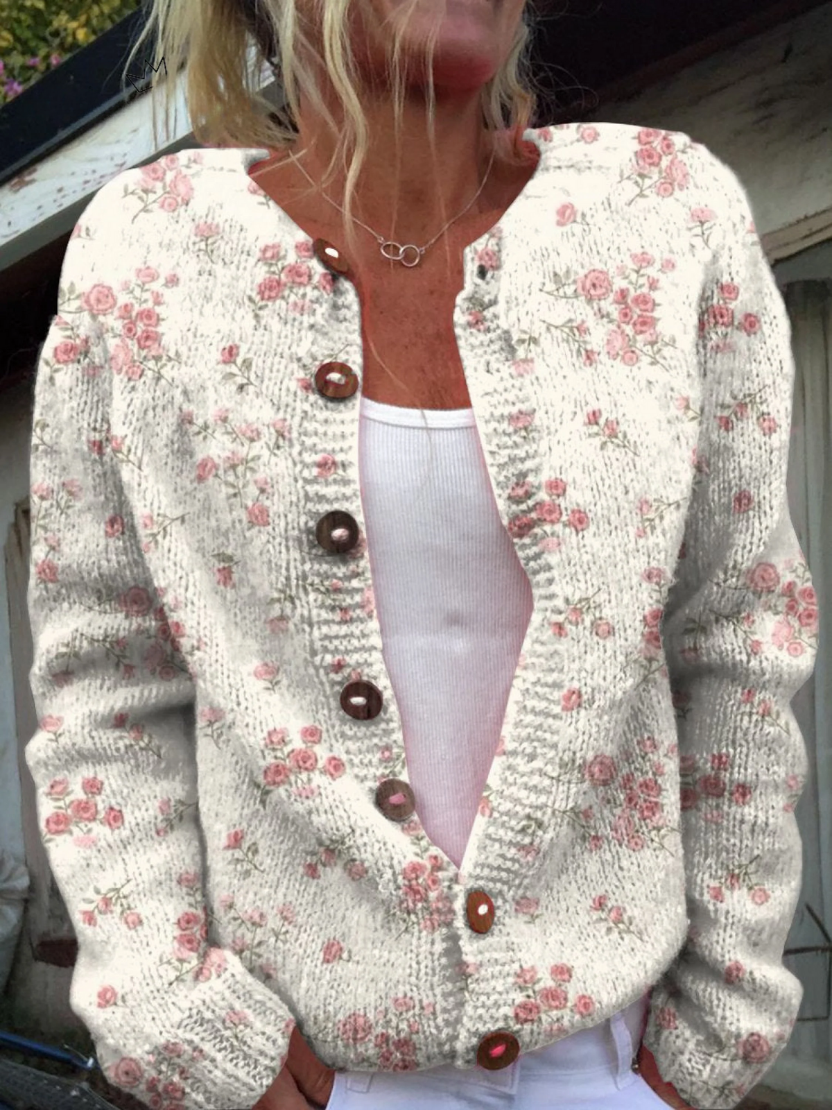 Kay Pink Rose Florets Print Buttoned Cardigan - view 5