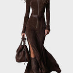 Lilian Brown Faux Suede Maxi Dress with Belt and Zip