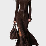 Lilian Brown Faux Suede Maxi Dress with Belt and Zip