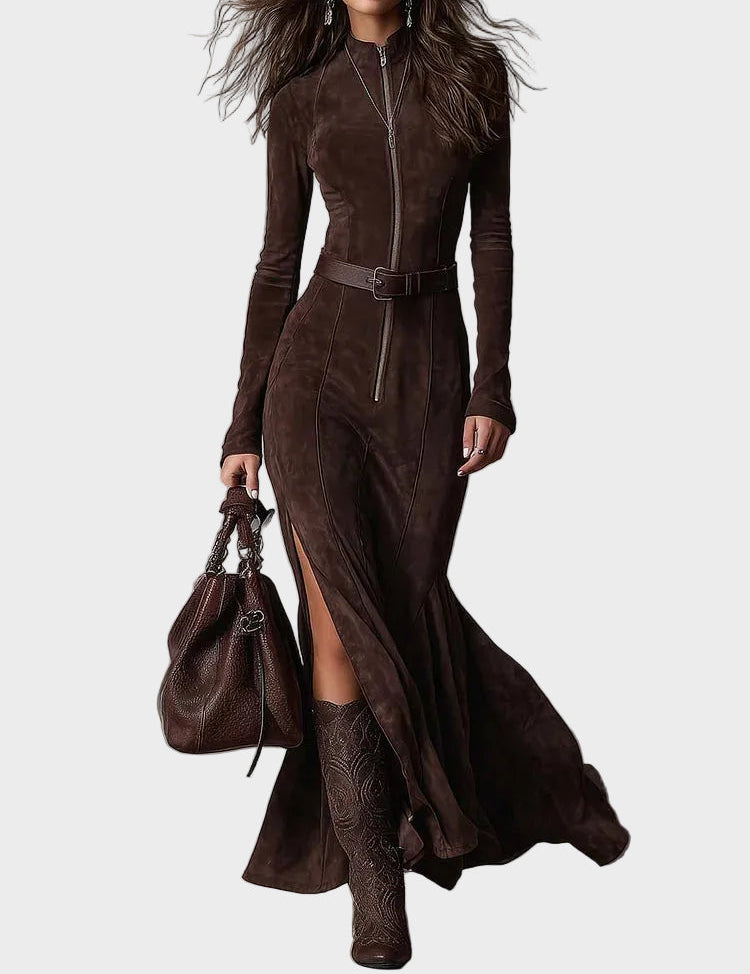 Lilian Brown Faux Suede Maxi Dress with Belt and Zip