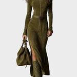 Lilian Brown Faux Suede Maxi Dress with Belt and Zip - view 2