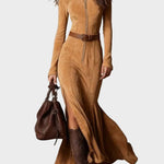 Lilian Brown Faux Suede Maxi Dress with Belt and Zip - view 3