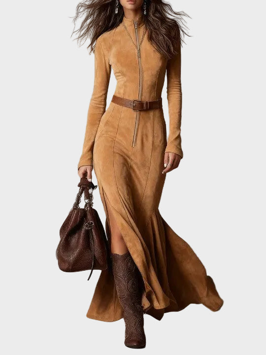 Lilian Brown Faux Suede Maxi Dress with Belt and Zip - view 3
