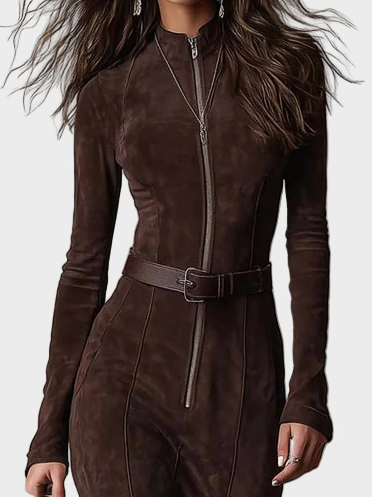 Lilian Brown Faux Suede Maxi Dress with Belt and Zip - view 4