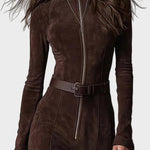 Lilian Brown Faux Suede Maxi Dress with Belt and Zip - view 4