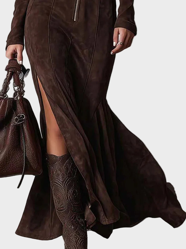 Lilian Brown Faux Suede Maxi Dress with Belt and Zip - view 5
