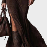 Lilian Brown Faux Suede Maxi Dress with Belt and Zip - view 5