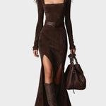 Lorna Elegant Dark Brown Faux Leather Maxi Dress with Square Neck