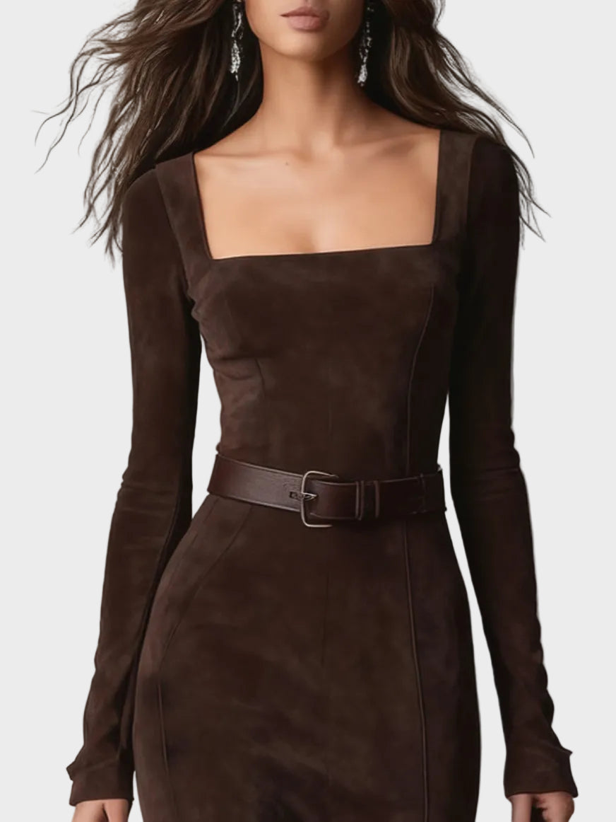 Lorna Elegant Dark Brown Faux Leather Maxi Dress with Square Neck - view 3