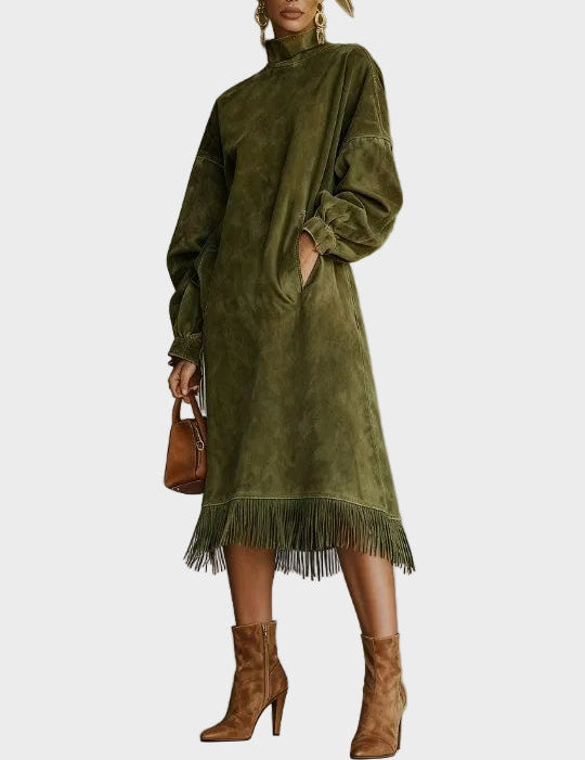 Marcia Suede Roll Neck Dress with Fringing