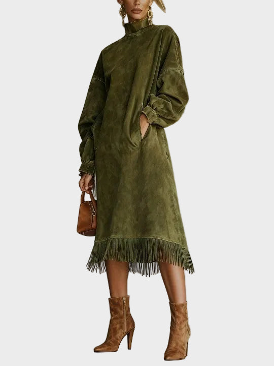 Marcia Suede Roll Neck Dress with Fringing