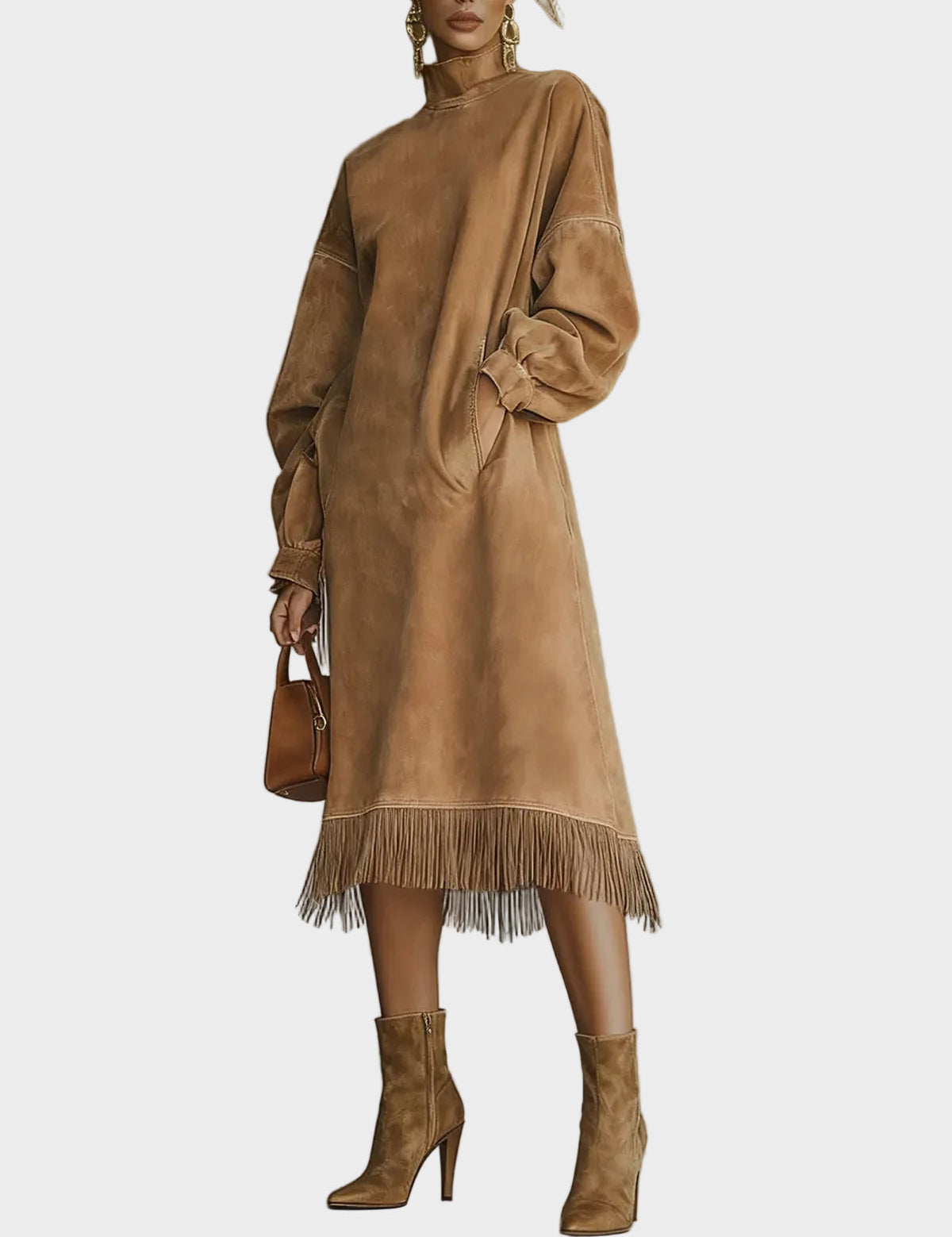 Marcia Suede Roll Neck Dress with Fringing - view 2
