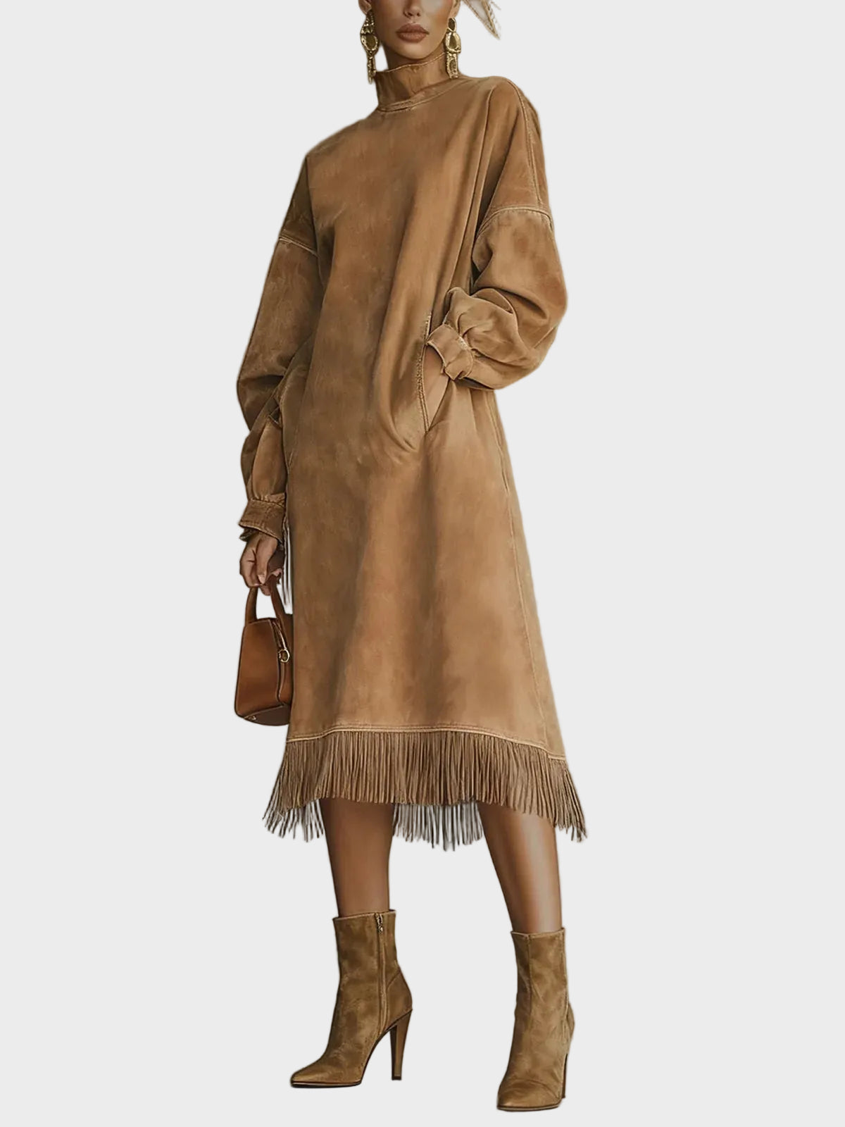 Marcia Suede Roll Neck Dress with Fringing - view 2