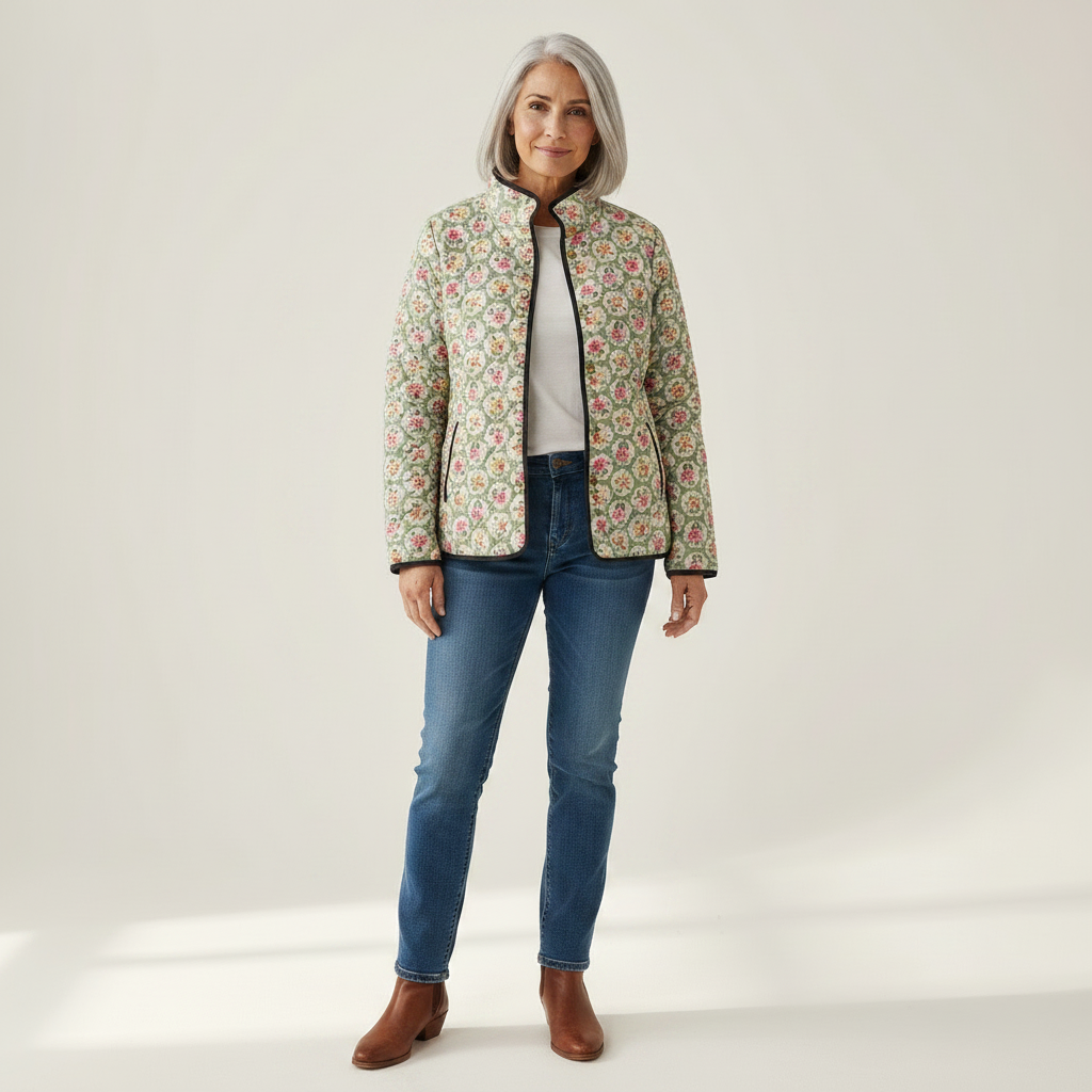 Marnie Mint Green Quilted Jacket with Fine Rose Pattern