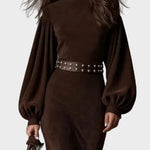 Millicent Retro Long-Sleeve Maxi Dress with Stand Collar