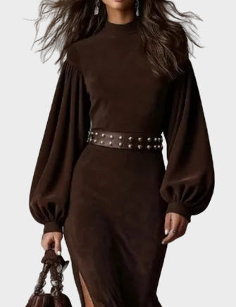 Millicent Retro Long-Sleeve Maxi Dress with Stand Collar